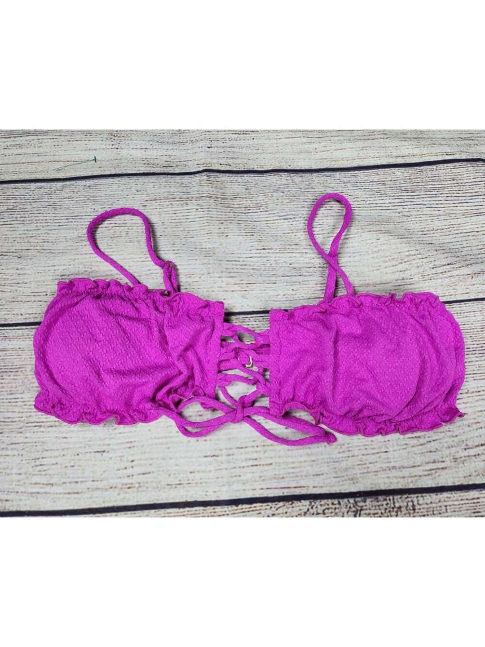 P2F Power To The Flower Pink Bikini Top Medium Boho Ruffle Lattice Front Hippie